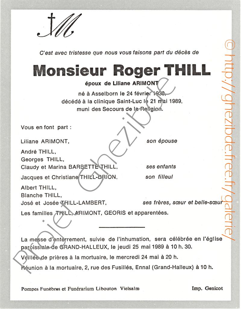 Roger Thill époux de Dame Liliane Arimont, décédé à Bouge (?), le 21 Mai 1989 (59 ans).
